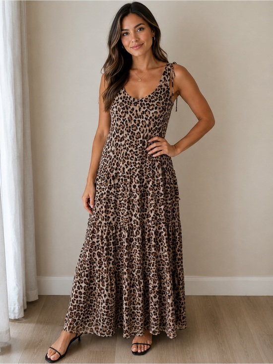 Jessica Howard Dresses & Skirts - Animal Leopard Print Felda Long Tiered Maxi Elegant Sleeveless Dress - Tan Brown